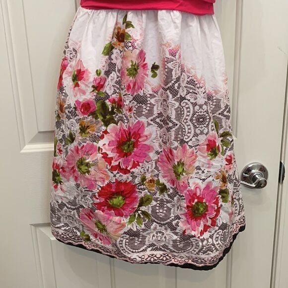 City Triangles Sz 9 Black Bust Pink Waist Floral Skirt Spaghetti Straps Tie Back - Picture 4 of 11